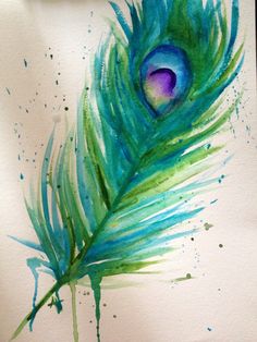 a watercolor painting of a peacock feather