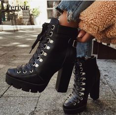 PU Leather Black Platform Ankle Boots on Storenvy Thick Heel Boots, Boots Thick, Mid Heel Boots, Lace Up High Heels, Ankle Heels, Super High Heels, Heel Ankle Boots, Thick Heel, High Heel Boots Ankle