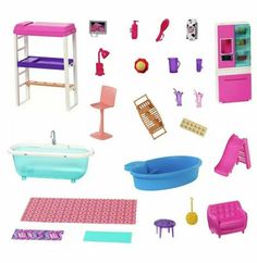 barbie bathroom furniture and accessories including bathtub, sink, toilet, shower stall and other items