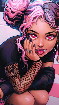 a drawing of a woman with pink hair and tattoos on her face, wearing fishnet stockings