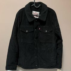 Warm Sherpa Insulation For Cold-Weather. Soft Quilted Lining In Sleeves. Brand New With Tags Levi's Black Outerwear With Button Closure, Levi's Black Outerwear With Pockets, Levi's Black Winter Outerwear, Denim Sherpa Jacket, Trucker Jacket Men, Black Corduroy Jacket, Sherpa Trucker Jacket, Sherpa Denim Jacket, Dark Denim Jacket