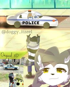 an animated police car is parked on the side of the road next to a dog