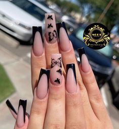 French Tip Acrylic Nails Long, Black French Tip Acrylic Nails, Dark Acrylic Nails, Acrylic Nails Long, Black Acrylic Nail Designs, Acrylic Nail Designs Coffin, Black French Tip, French Tip Nail Art, Butterfly Nail Designs