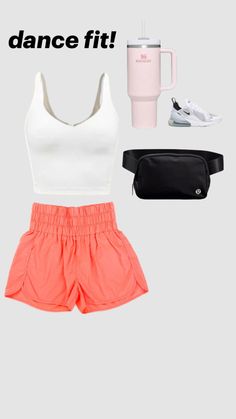 a woman's outfit with the words dance fit in front of her and two other items