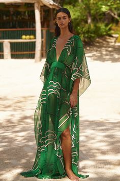 Secret Garden Dress - Johanna Ortiz Green Dress Print, Spring Beach Dress, Floor-length And Flowy, Elegant Spring Beach Maxi Dress, Flowy Beachwear Maxi Dress For Brunch, Green Maxi Dress For Summer, Elegant Boho Print Maxi Dress For Festival, Chic Printed Beach Dress, Elegant Green Beach Cover-up Dress, Elegant Floor-length Beach Dress For Spring