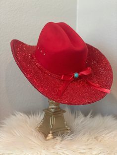 Handmade rhinestone cowgirl hat.  *NO returns or exchanges* All orders are Made To Order and custom made. Red Western Hat Band For Kentucky Derby, Red Western Style Hat Bands For Kentucky Derby, Red Western Hat Bands For Kentucky Derby, Red Western Style Party Hat, Red Western-style Party Hat, Western Bling Hat For Rodeo, Western Style Bling Hats For Rodeo, Western Hats With Bling For Rodeo, Country Style Rhinestone Hats For Rodeo