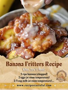 a banana fritters recipe is being drizzled with icing