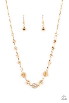 Pairs of gold coiled and smooth gold beads flank a white rhinestone encrusted bead along an oval and gold disc linked chain, creating a glitzy combination below the collar. Features an adjustable clasp closure.

 Sold as one individual necklace. Includes one pair of matching earrings. Gold Disc, Gold Jewelry Necklace, Paparazzi Accessories, Silver Lockets, White Rhinestone, Paparazzi Jewelry, Rhinestone Necklace, Necklace Earring Set, Accessories Necklace