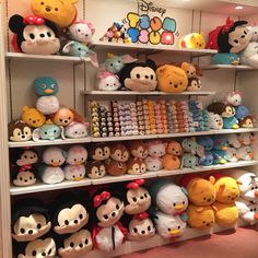 the shelves are filled with many different kinds of stuffed animals and toys for sale at disney world