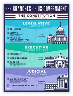 the branches of u s government in blue, green and purple colors with white columns