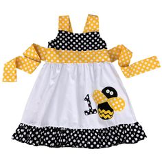 Bumble Bee Dress Will Be Professionally Sewn For Your Little Girl. This Cute Boutique Bumble Bee Dress Would Be Perfect To Wear For Your Baby Girl's Bumble Bee Theme Birthday Party. Dress Is Jumper Style With Bumble Bee On Front And Personalized Number Of Your Choice. Your Baby Girl Will Love Showing Off Her Bumble Bee Dress On Her Special Day. Please Message Me With Number Or Initial Of Your Choice Upon Purchase. Bee Theme Birthday Party, Bumble Bee Dress, Bumble Bee Theme, Bee Birthday Theme, Bug Clothing, Personalised Jumpers, Girls Boutique Dresses, Bumble Bee Birthday, Floral Dresses With Sleeves