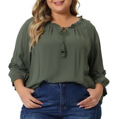 Crafted with 100% Rayon fabric, this blouse offers a comfortable and breathable fit that is perfect for all-day wear. Featuring a self-tie neckline with tassel details, this blouse adds a touch of femininity and elegance to your ensemble. The V-neck design and ruched detailing on the front create a flattering silhouette that enhances your curves. The 3/4 flutter sleeves add a playful and fashionable element to the overall look. This versatile top is suitable for various occasions, from formal ev Feel Pretty, Plus Size Womens Clothing, Rayon Fabric, Boho Blouses, Flutter Sleeves, Tie Neck, Shop Blouses, Favorite Jeans, Plus Clothing