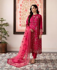 Material - Fabric: Top - Embroidered Lawn | Dupatta- soft organza with embroidery | Bottom- cotton trousers You will receive - Ready to wear salwar kameez and dupatta Size Guide The Size Of The Garment Ready On The Chest, Sizes In Inches Will Be The Following, (XS-34), (S-36), (M-38), (L-40), (XL-42), (2XL-44), (3XL-46), (4XL-48) Care Instructions - The first wash of the garment should always be Dry-Cleaned Note Due to the light and screen setting differences may make the item's color slightly different from the pictures. Red Lawn Suit With Sheer Dupatta For Diwali, Red Organza Salwar Kameez For Eid, Eid Cotton Silk Salwar Kameez With Dupatta, Cotton Silk Salwar Kameez With Dupatta For Eid, Festival Lawn Suit With Sheer Dupatta In Mulmul, Red Semi-stitched Lawn Suit With Sheer Dupatta, Semi-stitched Red Lawn Suit With Sheer Dupatta, Red Lawn Suit With Sheer Dupatta For Eid, Red Cambric Lawn Suit For Diwali