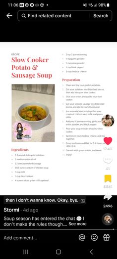 the website for slow cooker potato and sausage soup is displayed on an iphone screen