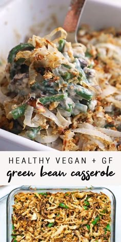 green bean casserole in a white dish with a serving spoon on the side