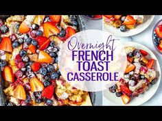 french toast casserole with fresh berries and powdered sugar on top is shown