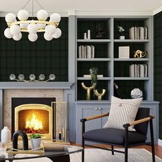 a living room filled with furniture and a fire place in front of a book shelf