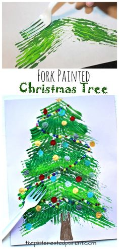 a christmas tree made out of crayon paper with the words fork painted on it