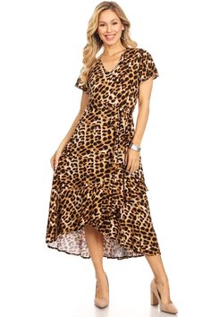 This Leopard Dress is our favorite made with a blend and soft fabric. This is a cute and comfy midi dress featuring a wrap waist tie and a flattering yet modest v-neckline! Versatile and easy to wear this dress will add a pop of print to your wardrobe. Approx. 44" length V-neckline95% Rayon 5% SpandexShort SleevesMade in USA Small: Bust: 34". Waist: 26-26.5". Medium: Bust: 36" Waist: "28-28.5 .Large: Bust: 38" Waist: 30-30.5". XL: Bust: 43-44" Waist: 33-34" .2Xl: Bust: 46-47" Waist: 36-37".3Xl: Plus Dress, Leopard Dress, Plus Dresses, Wholesale Clothing, Xl Dress, Waist Tie, Soft Fabric, High Low Dress, Final Sale