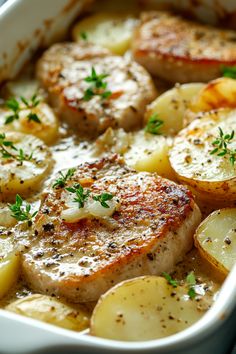 some meat and potatoes in a white casserole dish with parsley on top