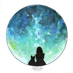 a watercolor painting of a girl and her cat looking at the stars