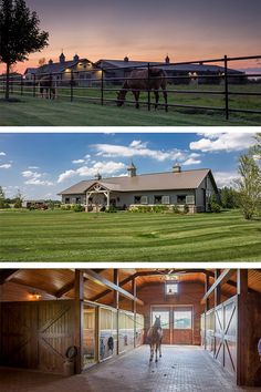 two pictures with horses in the middle and on the right, there is a barn