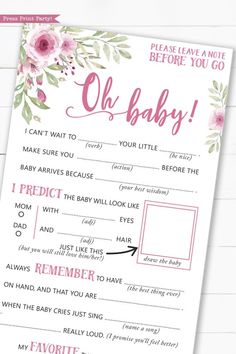 a baby shower game with pink flowers on it and the words oh baby written in cursive writing