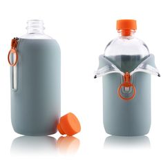 two water bottles with orange caps on them