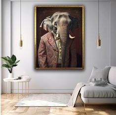 an elephant wearing a suit and tie in a living room with a white couch, potted plant and painting on the wall