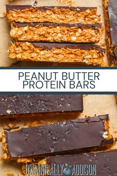 chocolate peanut butter protein bars are stacked on top of each other, with the text overlay