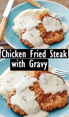 chicken fried steak with gravy on two plates