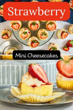 mini cheesecakes with strawberries on top and the title overlay reads strawberry