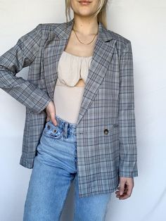 Our blue plaid blazer is a woven, double-breasted classic piece with a notched lapel and a single vent at back. Model is wearing a size Small (Height: 5'3, Waist: 25, Hips: 32, Bust: 32A) Care instruction: hand wash with cold water, line dry, do not iron, do not bleach. Gray Blazer Outfit, Gray Blazer Outfit Women, Blazer Outfit Women, Grey Blazer Outfit, Blazer Outfits For Women, Gray Blazer, Blazer Outfit, Influencers Fashion, Grey Blazer