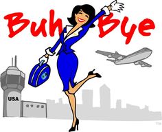 a woman in a blue dress is holding a suitcase and pointing at an airplane with the words buh bye on it