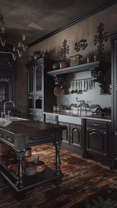 an old fashioned kitchen with dark wood cabinets