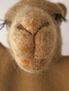 a close up of a stuffed animal on a white surface with one eye open and the other half closed