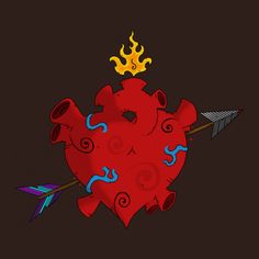 a red heart with an arrow and fire on its head is surrounded by arrows in the shape of hearts