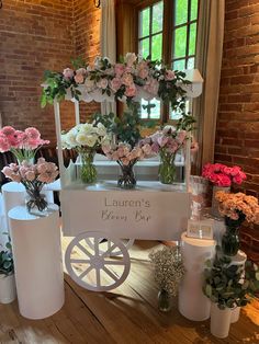 Bridal shower Bouquet Bar Cart, Bridal Shower Build Your Own Bouquet, Flower Cart Bridal Shower Ideas, Baby In Bloom Flower Bar, Bridal Shower Bouquet Bar, Bloom Bar Ideas, Baby In Bloom Table Decor, Flower Bar Cart, Bridal Shower Flower Bar