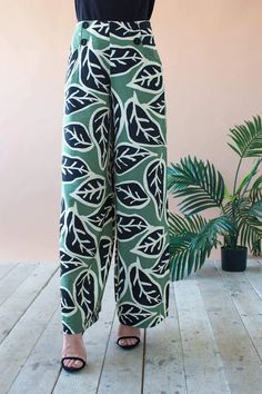 Hepburn High Waist Wide Leg Pant - Sage Leaf – Eva Franco Aya Couture, Menswear Details, Sage Leaf, Sage Leaves, High Waist Wide Leg Pants, Classy Fashion, Weekend Style, Botanical Pattern, Old Hollywood Glamour