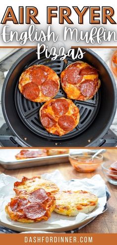 air fryer english muffins with pepperoni and cheese in the middle is shown