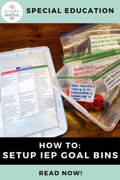 an open plastic container filled with medical supplies and the words how to setup up goal bins read now