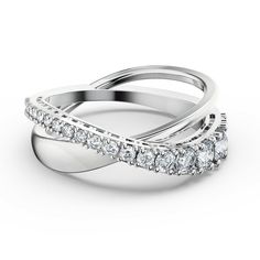 two white gold wedding bands with diamonds on each band and one diamond in the middle