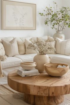 a living room with white couches, pillows and a coffee table in the middle