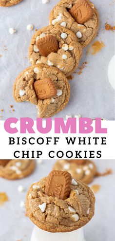 some cookies with white chocolate chips on top and the words crumbl biscoff white