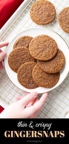 ginger snaps on a plate with text overlay that reads thin & crispy ginger snaps