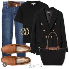 Black Shorts Outfit Fall, Casual Black Jean Shorts For Fall, Chic Fall Travel Clutch, Casual Black Fall Jean Shorts, Brown Travel Clutch For Fall, Brown Button-up Blazer For Fall, Shorts Outfit Fall, Revamp Wardrobe, Black Shorts Outfit