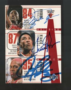 an autographed basketball card from the chicago bulls, with three different players on it