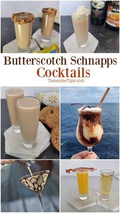 some drinks are sitting on the table and one is filled with ice cream, butterscotch schnapps, and cookies