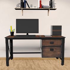 a computer desk with a monitor, keyboard and bookshelf in the back ground