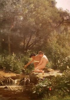 a painting of a man sitting on top of a rock next to a stream in the woods